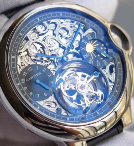 Replica Cartier Ballon Bleu Skeleton Tourbillon Black Dial Black Leather Strap - Image 3