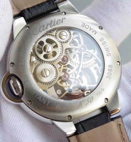 Replica Cartier Ballon Bleu Skeleton Tourbillon Black Dial Black Leather Strap - Image 6