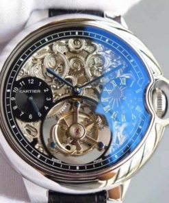 Replica Cartier Ballon Bleu Skeleton Tourbillon Black Dial Black Leather Strap