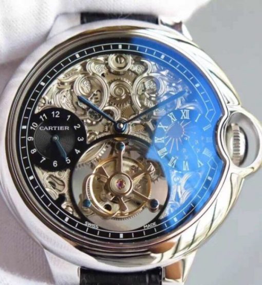 Replica Cartier Ballon Bleu Skeleton Tourbillon Black Dial Black Leather Strap