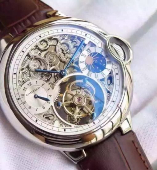 Replica Cartier Ballon Bleu Skeleton Tourbillon White Dial Brown Leather Strap - Image 2