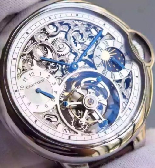 Replica Cartier Ballon Bleu Skeleton Tourbillon White Dial Brown Leather Strap - Image 3
