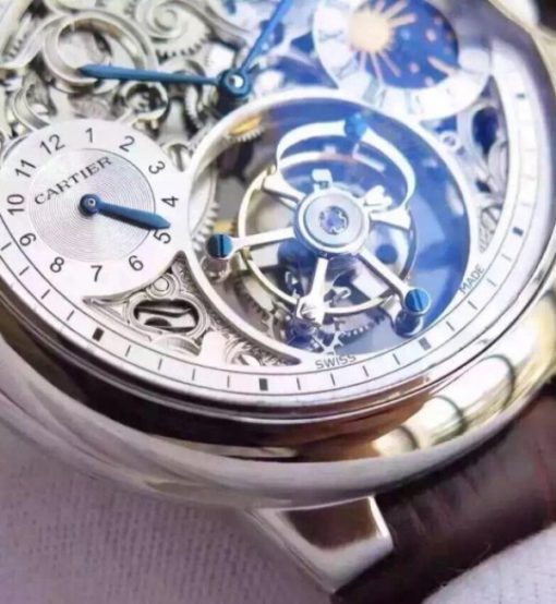 Replica Cartier Ballon Bleu Skeleton Tourbillon White Dial Brown Leather Strap - Image 4