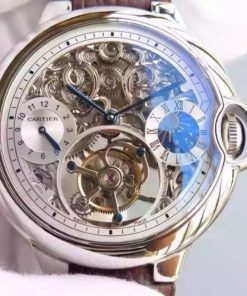 Replica Cartier Ballon Bleu Skeleton Tourbillon White Dial Brown Leather Strap