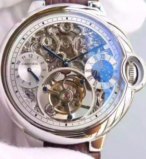 Replica Cartier Ballon Bleu Skeleton Tourbillon White Dial Brown Leather Strap