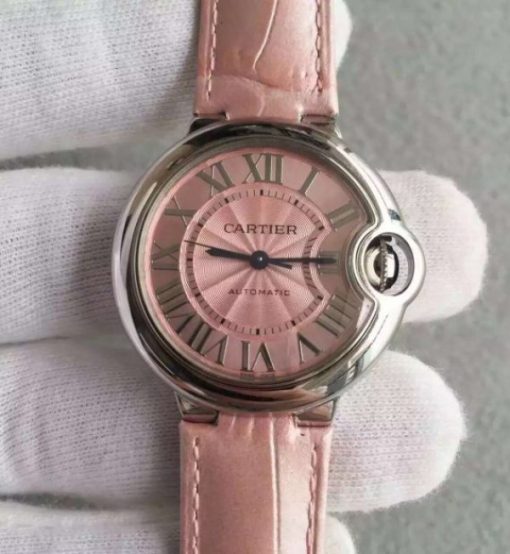 Replica Cartier V6F Ballon Bleu 33mm Pink Dial Pink Leather Strap SEIKO NH05A