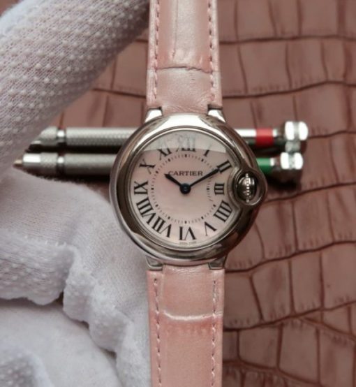 Replica Cartier Ballon Bleu Ladies 28MM White Dial Pink Leather Strap Ronda Quartz