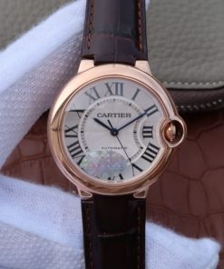 Replica Cartier V6 Ballon Bleu 36mm RG White Textured Dial Leather Strap