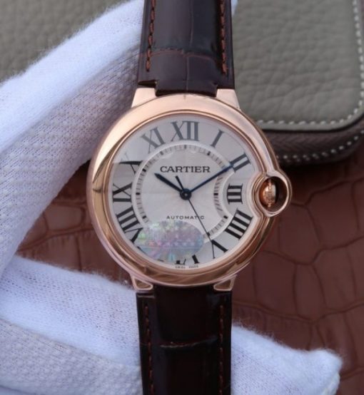 Replica Cartier V6 Ballon Bleu 36mm RG White Textured Dial Leather Strap