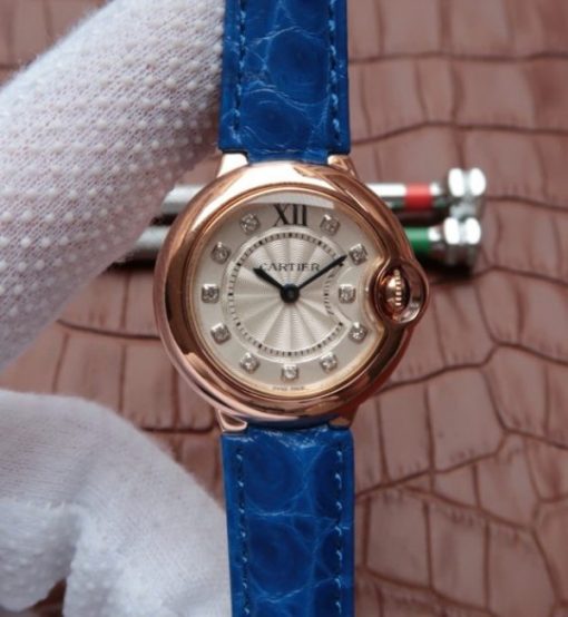 Replica Cartier Ballon Bleu 28mm Ladies RG White Dial Diamonds Markers Ronda Quartz