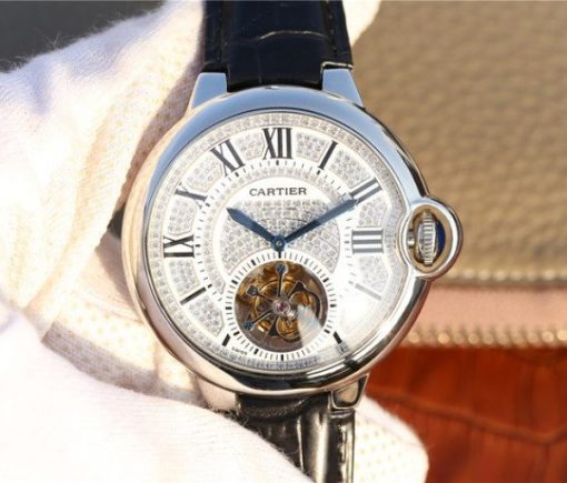 Replica Cartier Ballon Bleu de Cartier Tourbillon SS Leather Strap Diamonds Dial