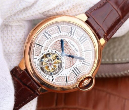 Replica Cartier Ballon Bleu de Cartier Tourbillon RG Leather Strap Diamonds Dial - Image 2
