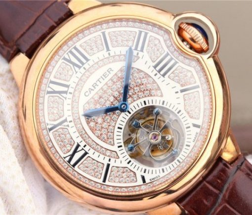 Replica Cartier Ballon Bleu de Cartier Tourbillon RG Leather Strap Diamonds Dial - Image 3