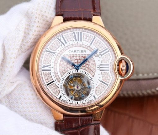 Replica Cartier Ballon Bleu de Cartier Tourbillon RG Leather Strap Diamonds Dial