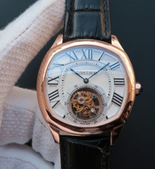 Replica Cartier Drive de Cartier Tourbillon RG White Textured Dial Leather Strap