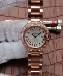 Replica Cartier Ballon Bleu 28mm RG Diamonds Bezel White Dial Bracelet Ronda Quartz