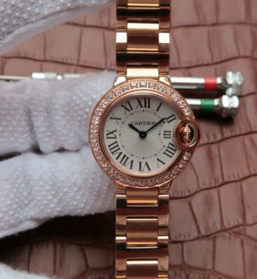 Replica Cartier Ballon Bleu 28mm RG Diamonds Bezel White Dial Bracelet Ronda Quartz