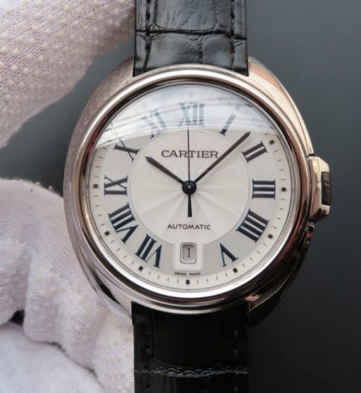 Replica Cartier Cle de Cartier SS White Textured Dial Leather Strap MIYOTA9015