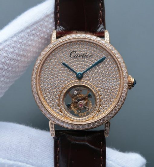 Replica Cartier Tourbillon YG Diamonds Dial&Bezel Leather Strap