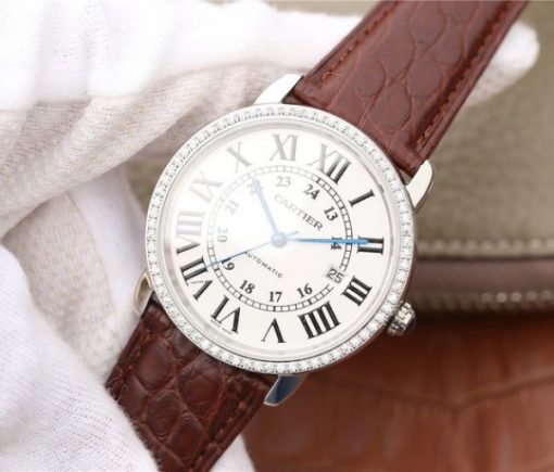 Replica Cartier Ronde De Cartier SS White Dial Diamonds Bezel Croco Strap A2892 - Image 2