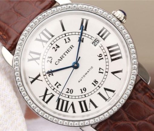 Replica Cartier Ronde De Cartier SS White Dial Diamonds Bezel Croco Strap A2892 - Image 3