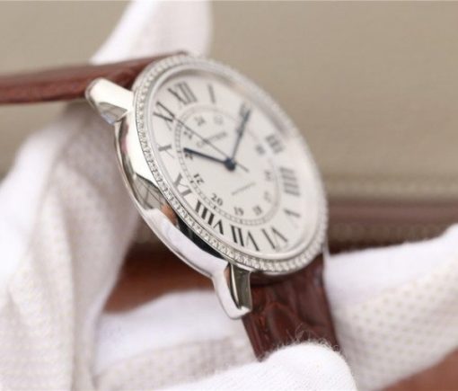 Replica Cartier Ronde De Cartier SS White Dial Diamonds Bezel Croco Strap A2892 - Image 4