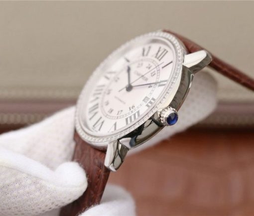Replica Cartier Ronde De Cartier SS White Dial Diamonds Bezel Croco Strap A2892 - Image 5