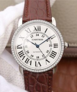 Replica Cartier Ronde De Cartier SS White Dial Diamonds Bezel Croco Strap A2892