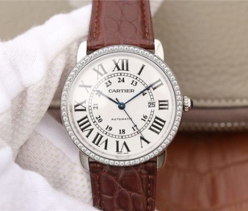 Replica Cartier Ronde De Cartier SS White Dial Diamonds Bezel Croco Strap A2892