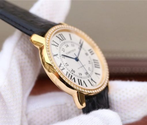 Replica Cartier Ronde De Cartier YG White Dial Diamonds Bezel Croco Strap A2892 - Image 4