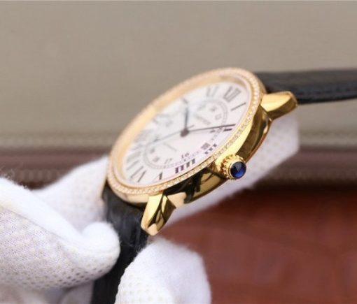 Replica Cartier Ronde De Cartier YG White Dial Diamonds Bezel Croco Strap A2892 - Image 5