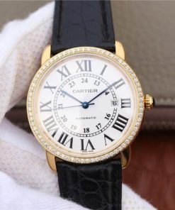Replica Cartier Ronde De Cartier YG White Dial Diamonds Bezel Croco Strap A2892
