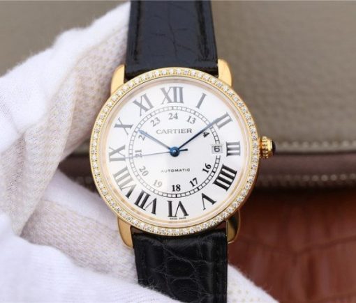 Replica Cartier Ronde De Cartier YG White Dial Diamonds Bezel Croco Strap A2892