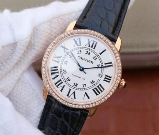 Replica Cartier Ronde De Cartier RG White Dial Diamonds Bezel Croco Strap A2892 - Image 2