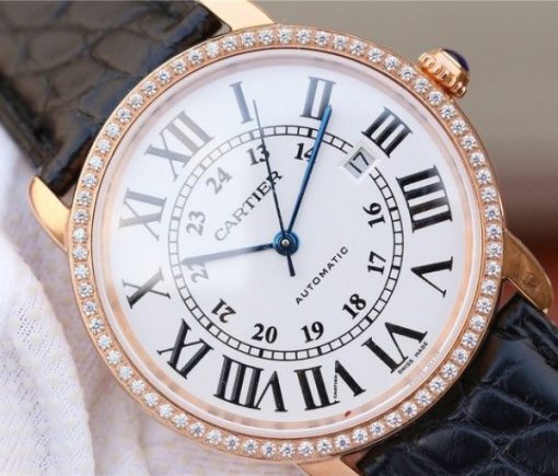 Replica Cartier Ronde De Cartier RG White Dial Diamonds Bezel Croco Strap A2892 - Image 3