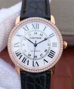 Replica Cartier Ronde De Cartier RG White Dial Diamonds Bezel Croco Strap A2892