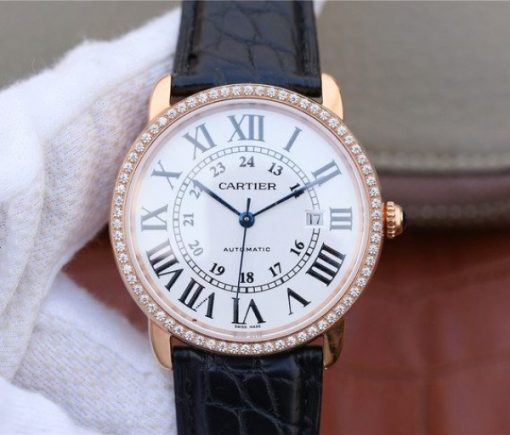 Replica Cartier Ronde De Cartier RG White Dial Diamonds Bezel Croco Strap A2892