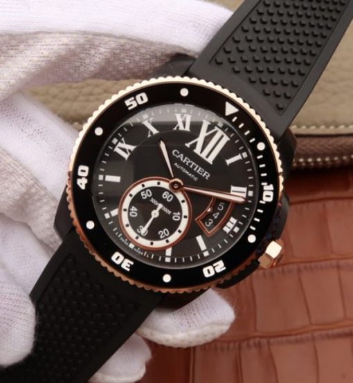 Replica Cartier JJF Calibre De Cartier Diver DLC Black Dial RG Bezel Black Rubber Strap A23J - Image 2