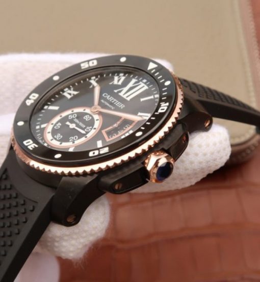 Replica Cartier JJF Calibre De Cartier Diver DLC Black Dial RG Bezel Black Rubber Strap A23J - Image 4