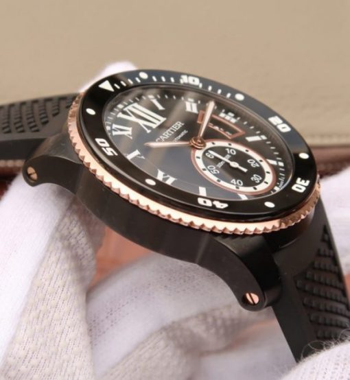 Replica Cartier JJF Calibre De Cartier Diver DLC Black Dial RG Bezel Black Rubber Strap A23J - Image 5