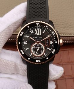 Replica Cartier JJF Calibre De Cartier Diver DLC Black Dial RG Bezel Black Rubber Strap A23J