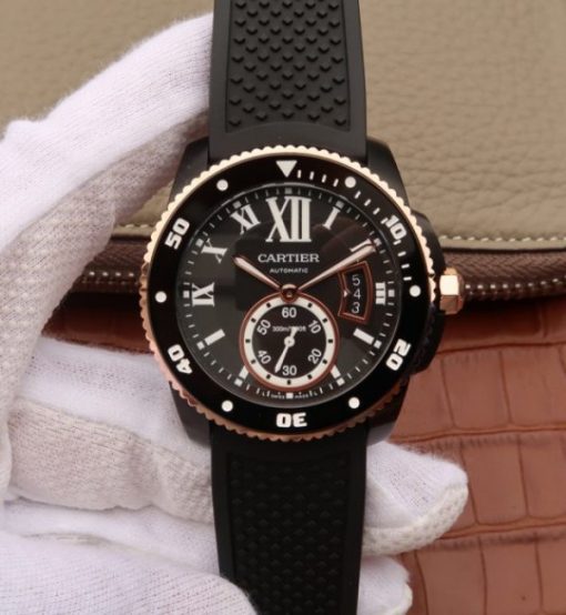 Replica Cartier JJF Calibre De Cartier Diver DLC Black Dial RG Bezel Black Rubber Strap A23J
