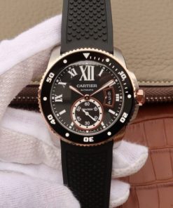 Replica Cartier JJF Calibre De Cartier Diver SS Black Dial RG Bezel Black Rubber Strap A23J