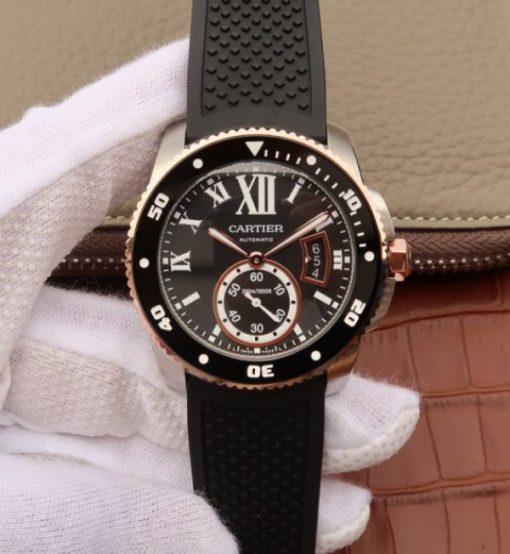 Replica Cartier JJF Calibre De Cartier Diver SS Black Dial RG Bezel Black Rubber Strap A23J