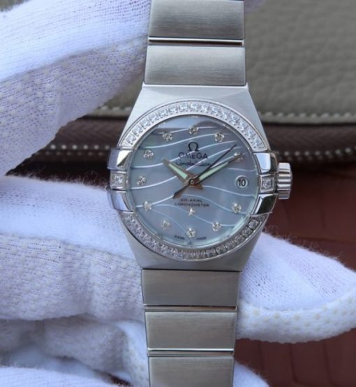 Replica Omega V6 Constellation 27mm SS Blue Dial Diamonds Markers SS Bracelet A8520
