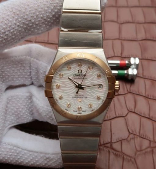 Replica Omega V6 Constellation 35mm SS White Dial Diamonds Markers RG Bezel A2500