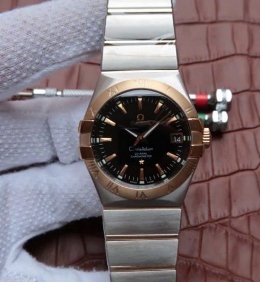 Replica Omega V6 Constellation 35mm YG Bezel Black Dial SS Bracelet A2500