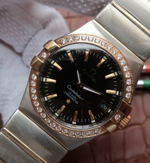 Replica Omega V6 Constellation 35mm Diamonds Bezel Black Dial SS Bracelet A2500 - Image 2