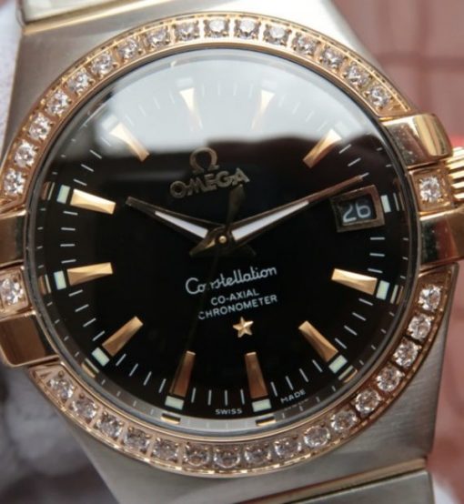 Replica Omega V6 Constellation 35mm Diamonds Bezel Black Dial SS Bracelet A2500 - Image 3