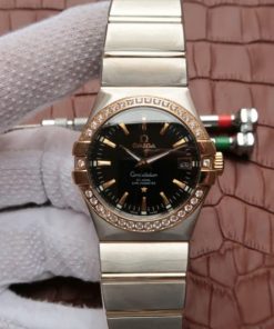 Replica Omega V6 Constellation 35mm Diamonds Bezel Black Dial SS Bracelet A2500